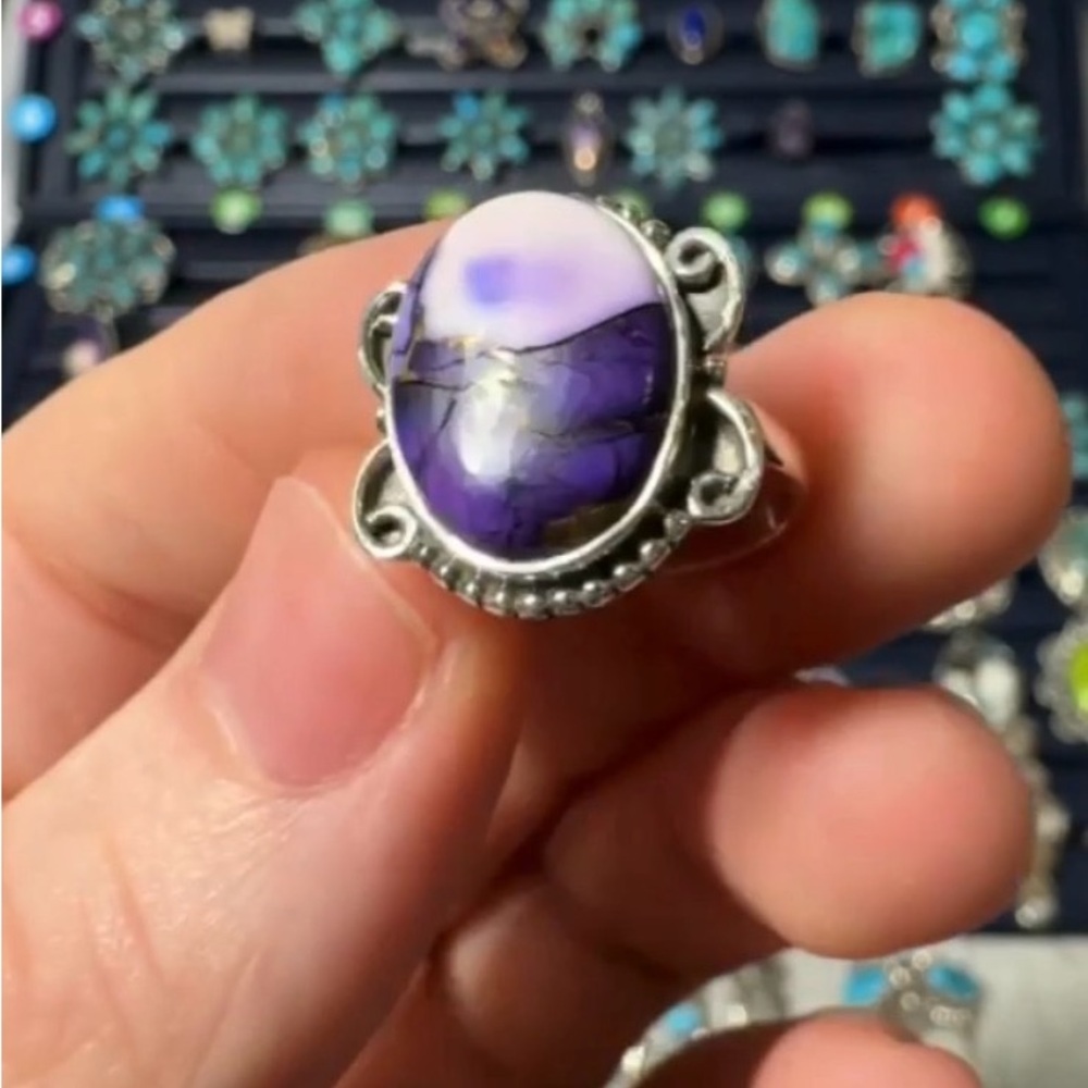 Elegant Purple Dahlia Turquoise Stone 925 Sterling Silver Ring